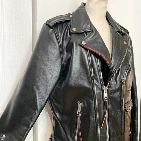 MASTER SUPPLY MEN'S BLACK HANDMADE LEATHER RED STITCHING ZIP UP MOTO JACKET - M - Picture 6 of 13